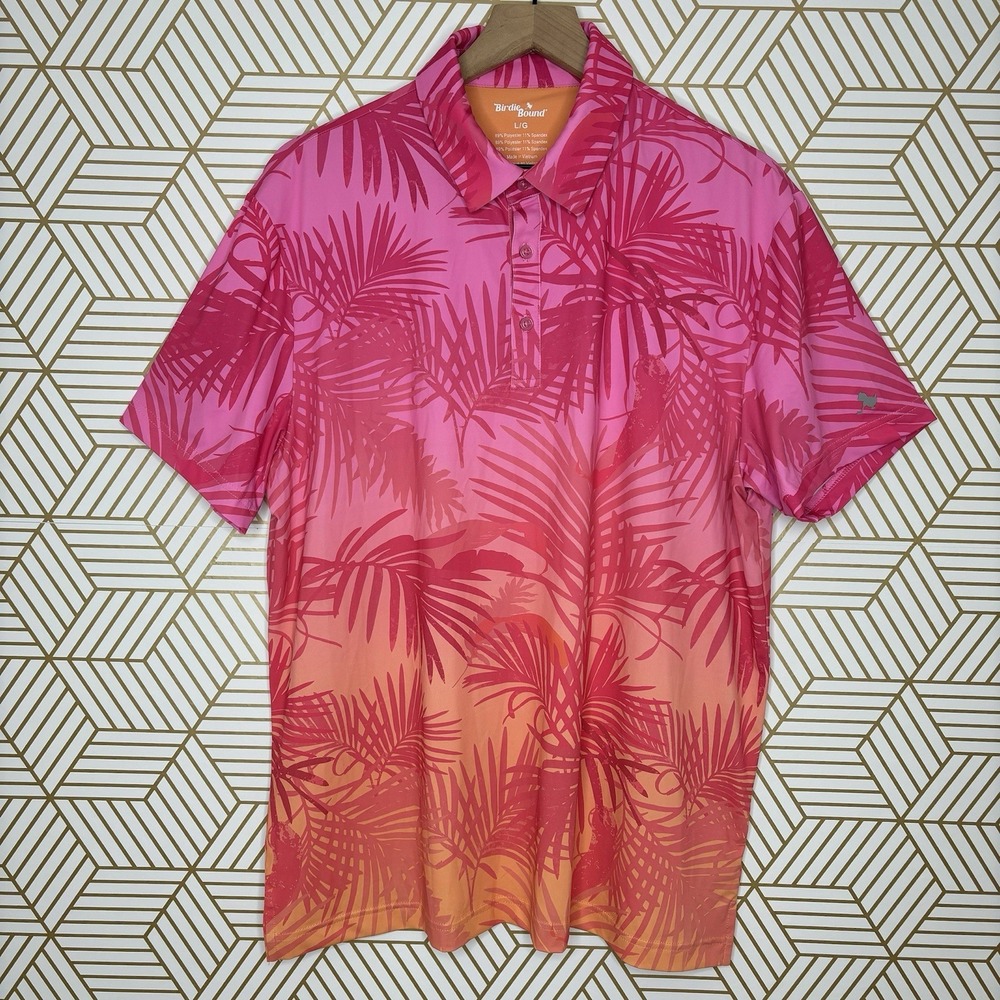 Birdie Bound Floral Tropical Pattern Poly-Spandex Blend Golf Polo Large Pink